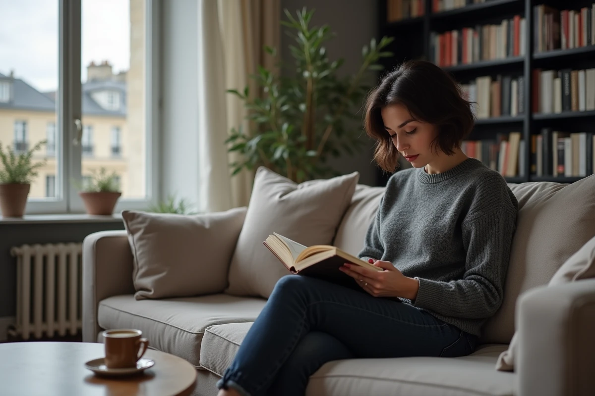 Femme lisant un livre dans un appartement parisien moderne, atmosphère intime illustrant la vie privée préservée