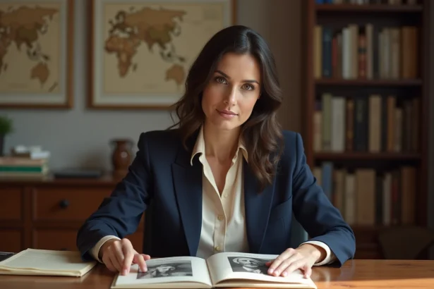 Femme méditerranéenne lisant un album photo dans un bureau moderne