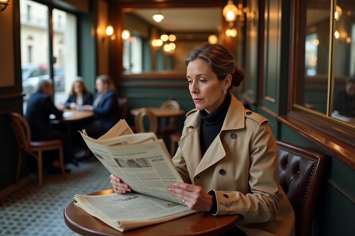 Femme lisant un journal dans un café parisien, illustrant la consommation des médias et le traitement de sujets sensibles