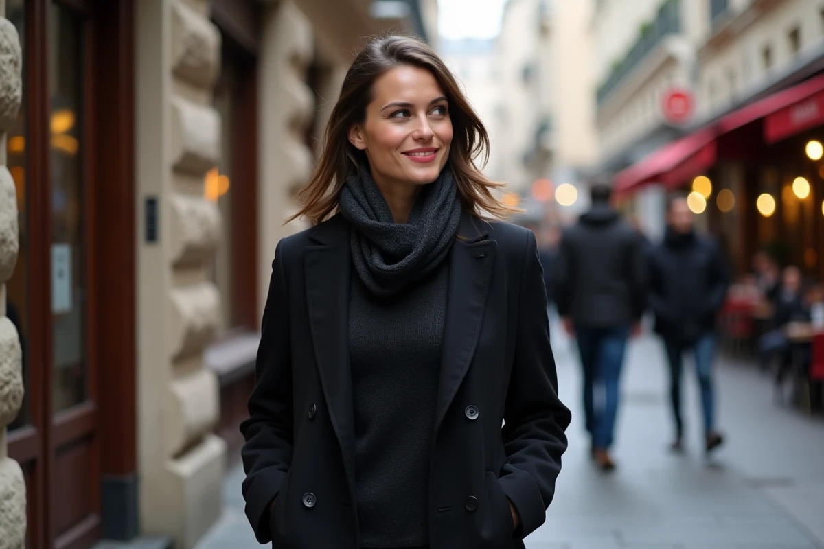 Femme marche dans une rue parisienne contemplative