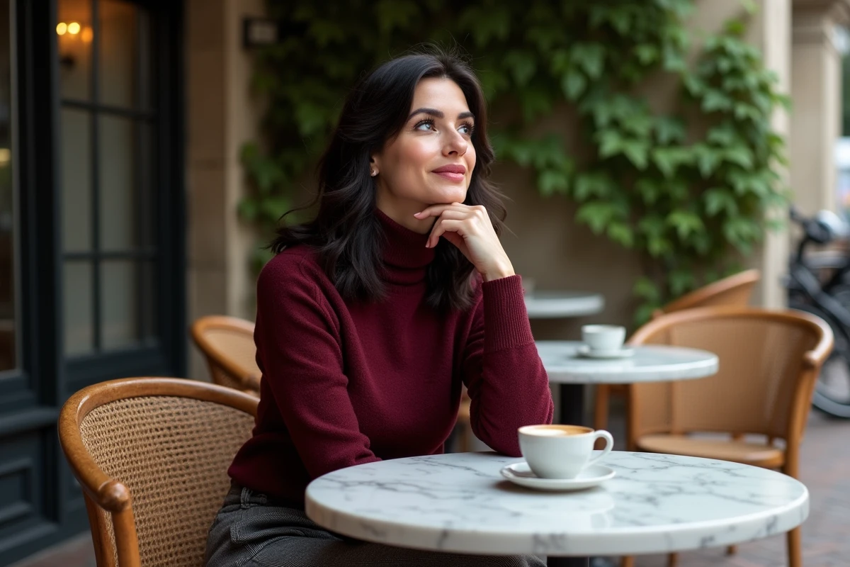 Femme médiatique seule en terrasse de café parisien, préservant l'intimité de son couple