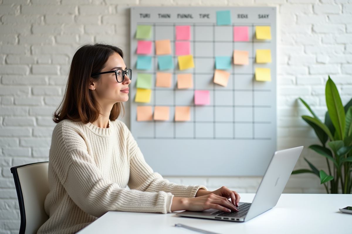 Femme organisant des notes sur un planning mensuel