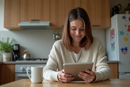 Femme organisée avec tablette dans la cuisine moderne