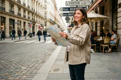 Femme tenant une carte dessinée à la main au carrefour d'une rue pavée d'une ville européenne, explorant un parcours urbain surprenant