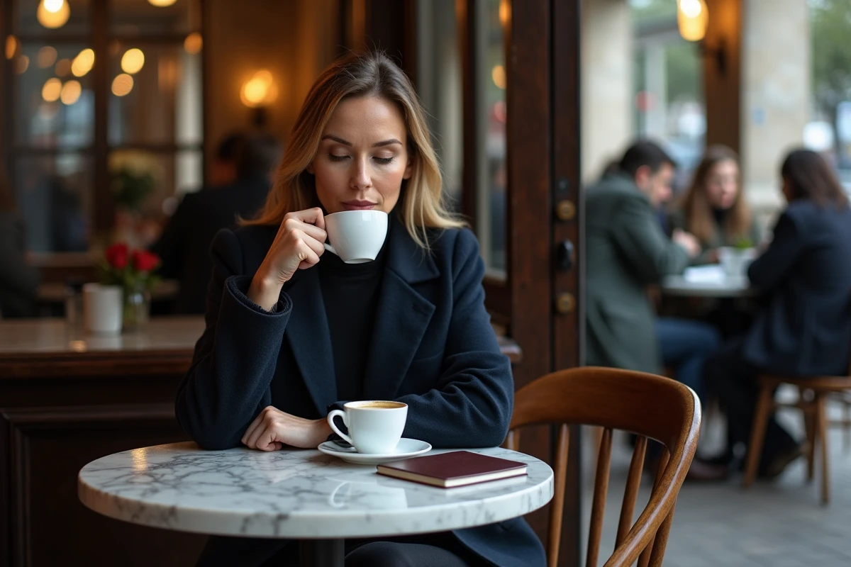 Femme pensive et élégante seule dans un café parisien, illustrant discrétion et vie personnelle préservée des médias