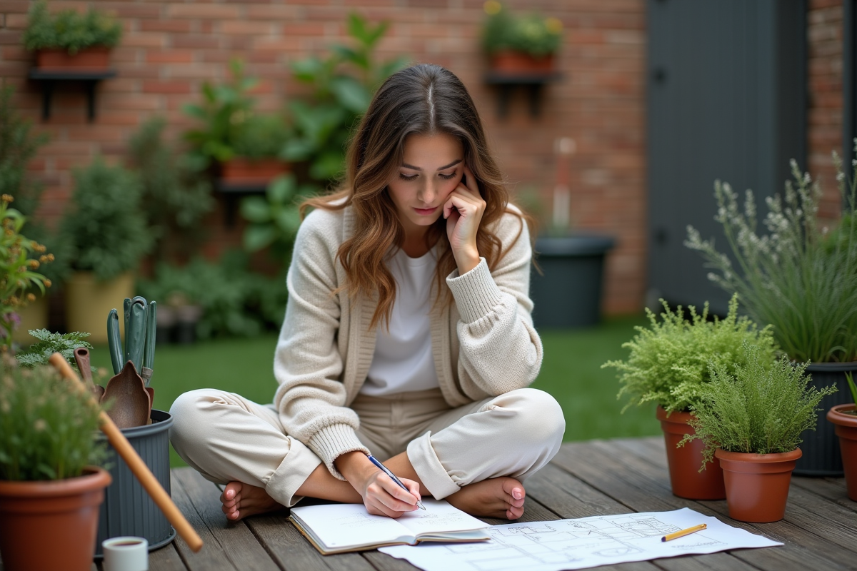 Femme planifiant son jardin avec un carnet dans un patio urbain