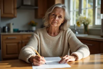 Femme contemplant un poème écrit à la main dans une cuisine chaleureuse