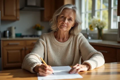 Femme contemplant un po&egrave;me &eacute;crit &agrave; la main dans une cuisine chaleureuse