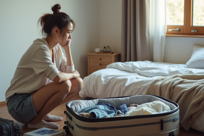 Jeune femme anxieuse avec valise ouverte pour voyage