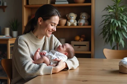 Femme souriante tenant un b&eacute;b&eacute; reborn dans un salon chaleureux