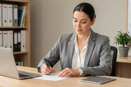 Femme rédigeant une lettre de congé parental à son bureau à domicile