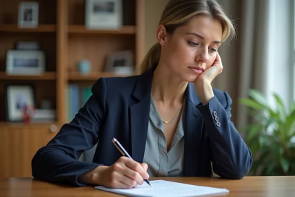 Femme rédigeant une lettre adressée au juge aux affaires familiales à son bureau à domicile