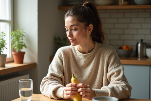 Femme en sweater oatmeal hésitant à manger une banane dans une cuisine chaleureuse