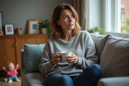 Femme contemplative dans un salon cosy avec tasse de thé