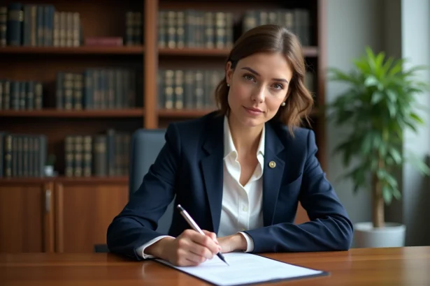 Femme en blazer navy signe un document juridique dans un bureau moderne