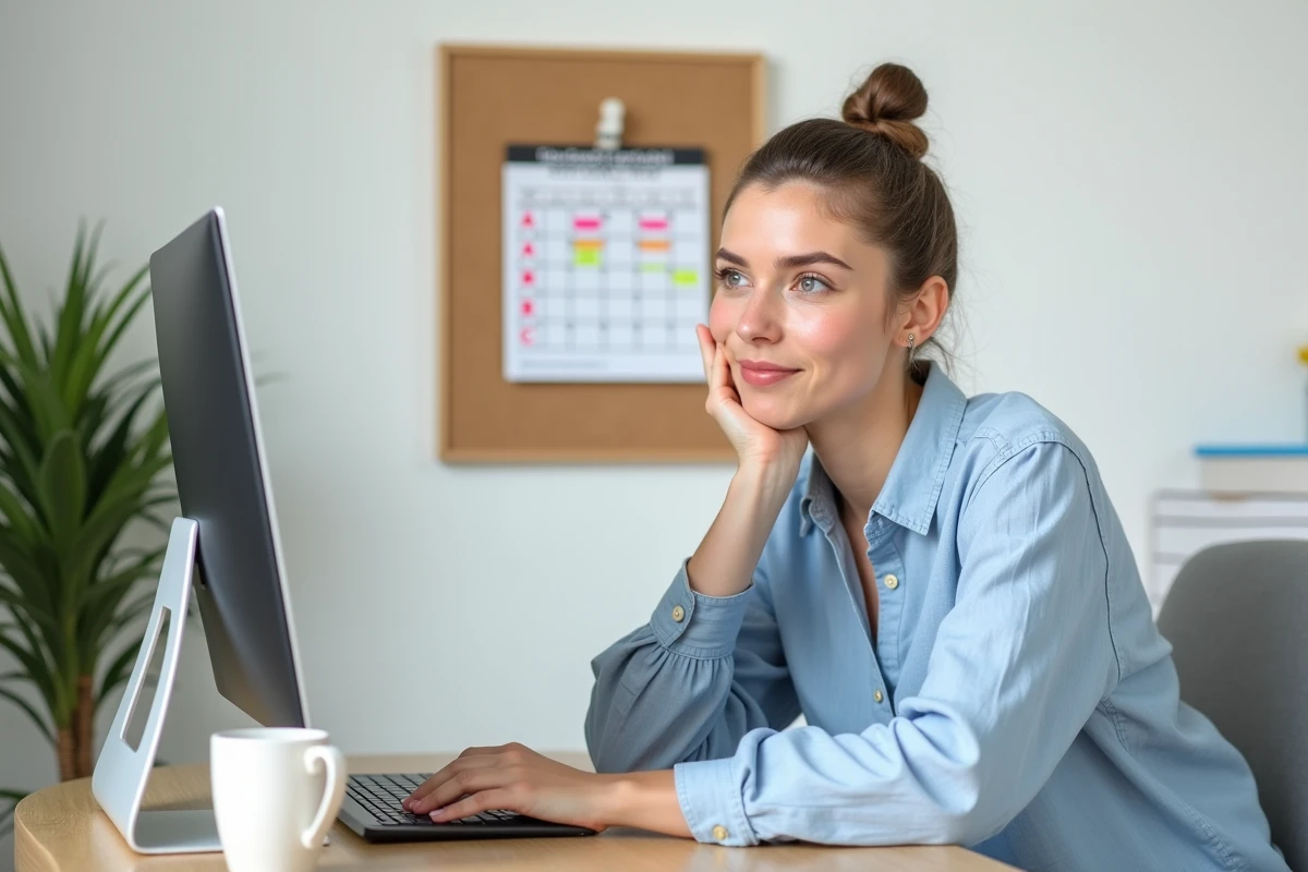 Femme consultant un simulateur de zones scolaires sur ordinateur pour préparer ses dates de départ en vacances