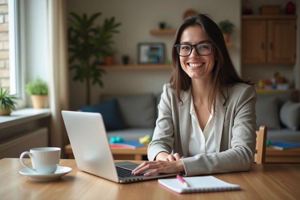 Jeune femme souriante travaillant à domicile dans un salon familial
