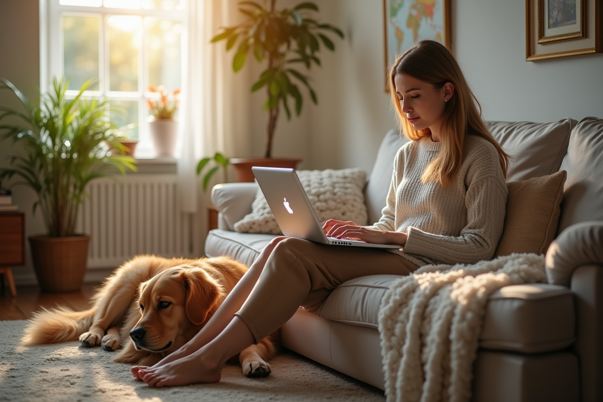 Jeune femme travaillant à domicile avec son chien golden retriever
