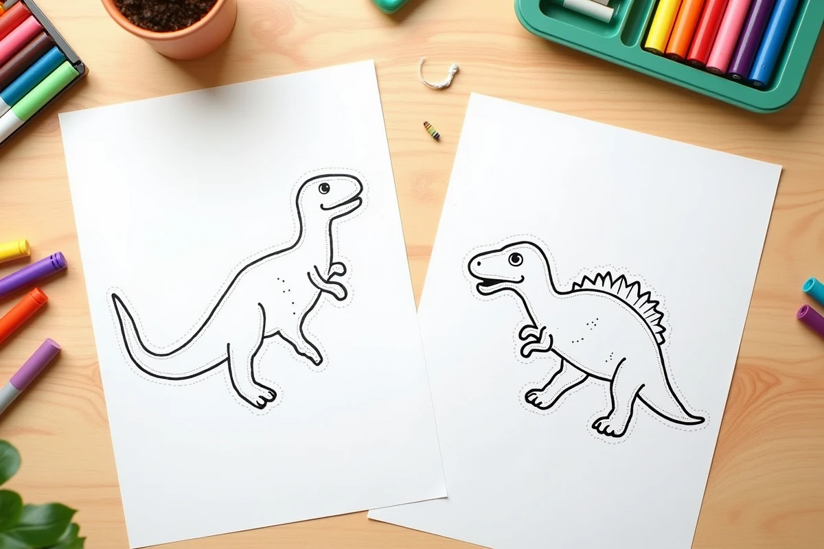 Vue à plat de fiches dinosaures à relier et colorier entourées de marqueurs et crayons sur une table en bois