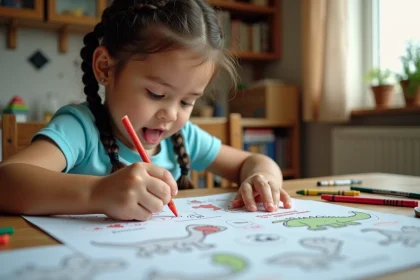 Fillette concentrée reliant des points pour dessiner un dinosaure sur une fiche imprimée avec des crayons de couleur