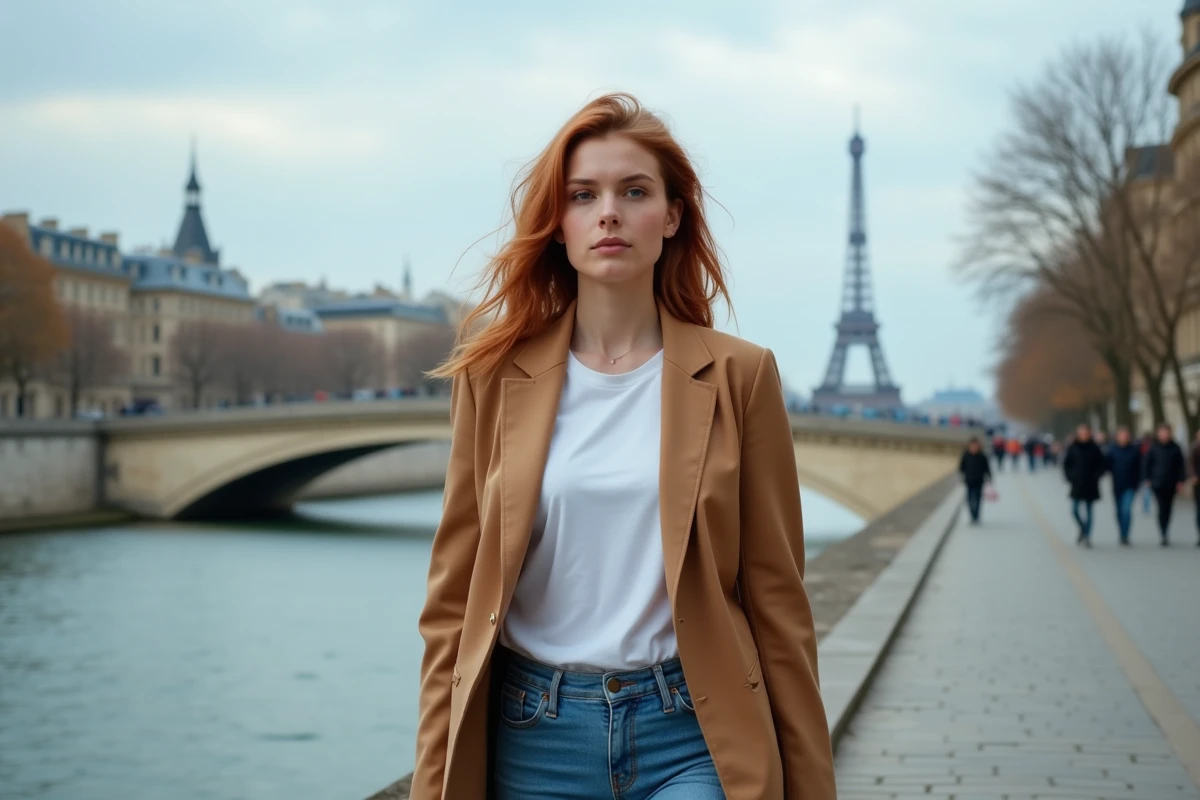 Jeune femme élégante marchant au bord de la Seine à Paris, style éditorial décontracté
