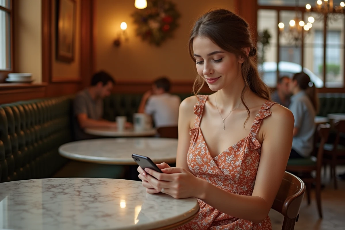 Jeune femme tendance dans un café parisien regardant son téléphone, ambiance authentique et contemporaine