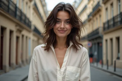 Jeune femme brune aux yeux expressifs dans Paris, portrait éditorial évoquant la fille d'une célébrité française