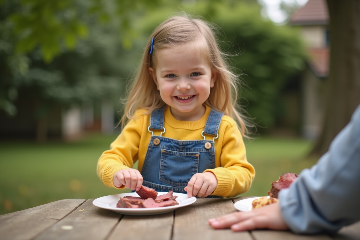Fille en plein pique-nique plaçant de la viande sur son assiette