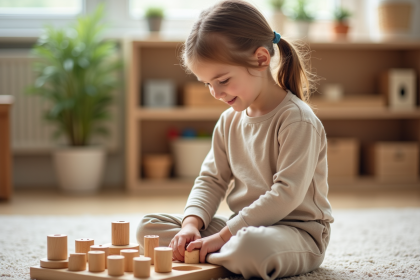 Jeune fille manipulant des cylindres Montessori dans une classe