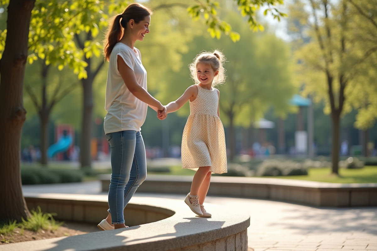 Fille de huit ans dans un parc urbain ensoleille