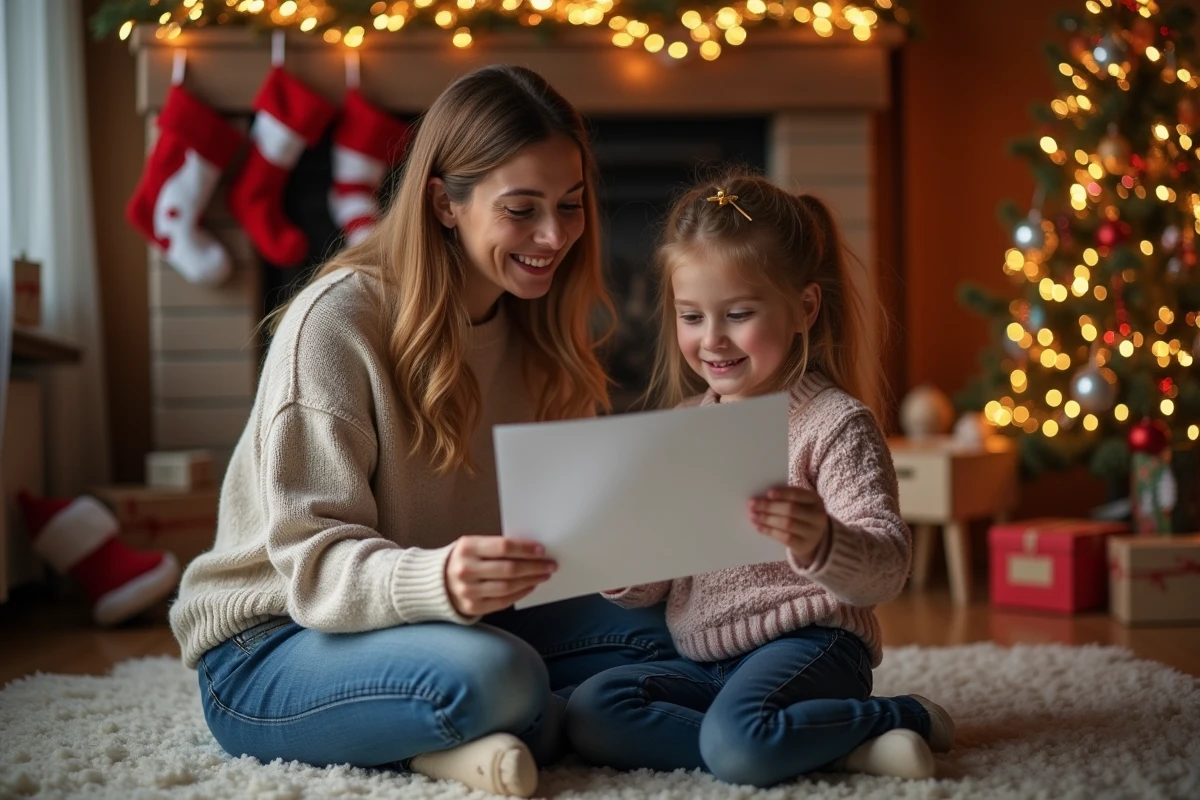 Fille et mère lisant la réponse de Santa dans le salon