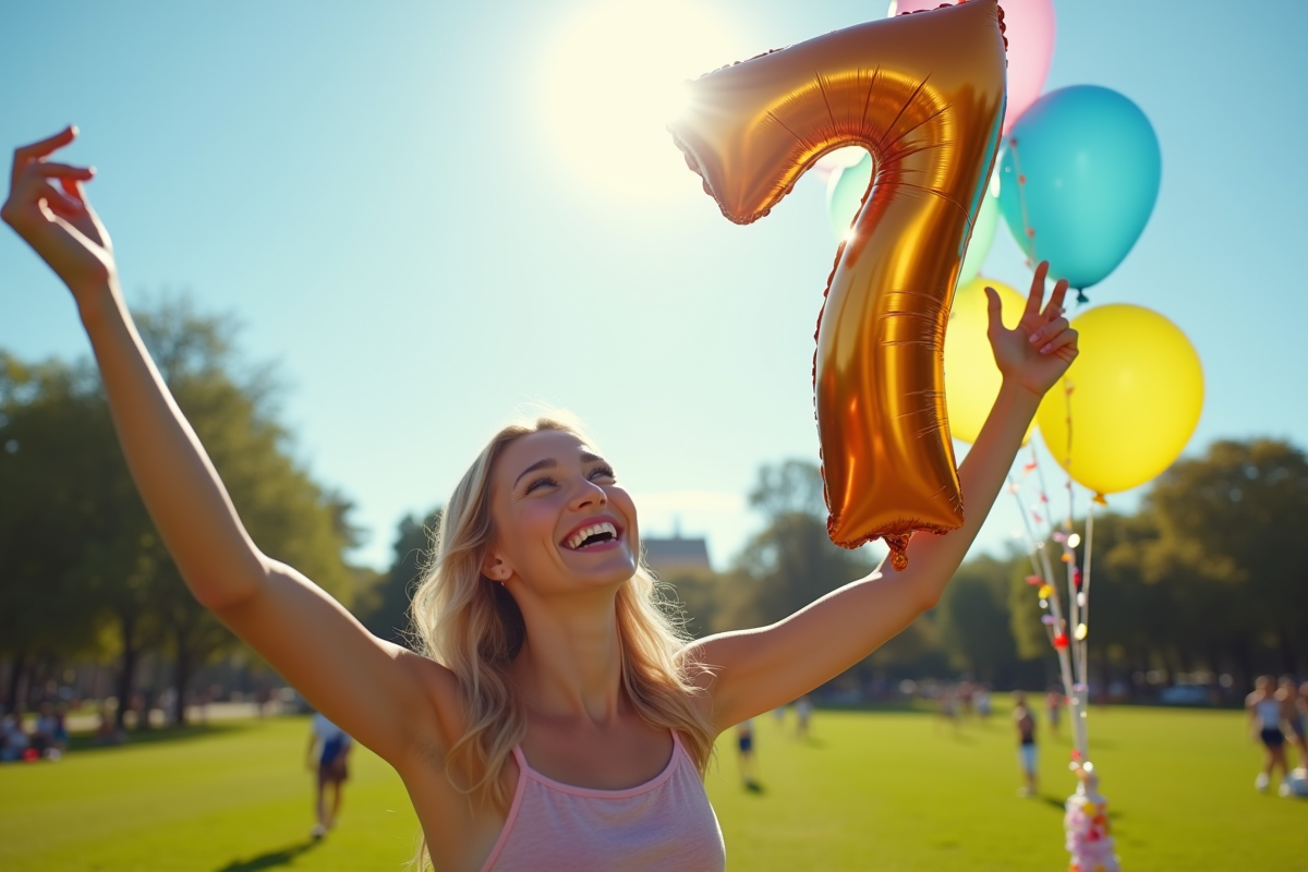 Jeune femme souriante avec un ballon 7 coloré dans un parc ensoleille