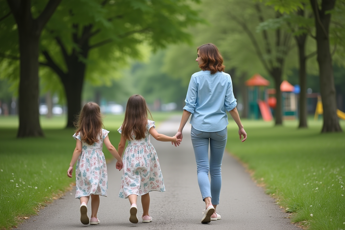 Fillettes en promenade dans un parc en famille