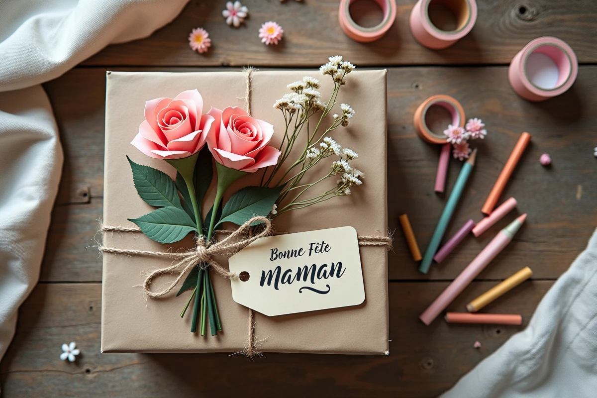 Vue de dessus d'un bouquet de roses en papier et d'une carte fait main pour la fête des mères sur une table en bois