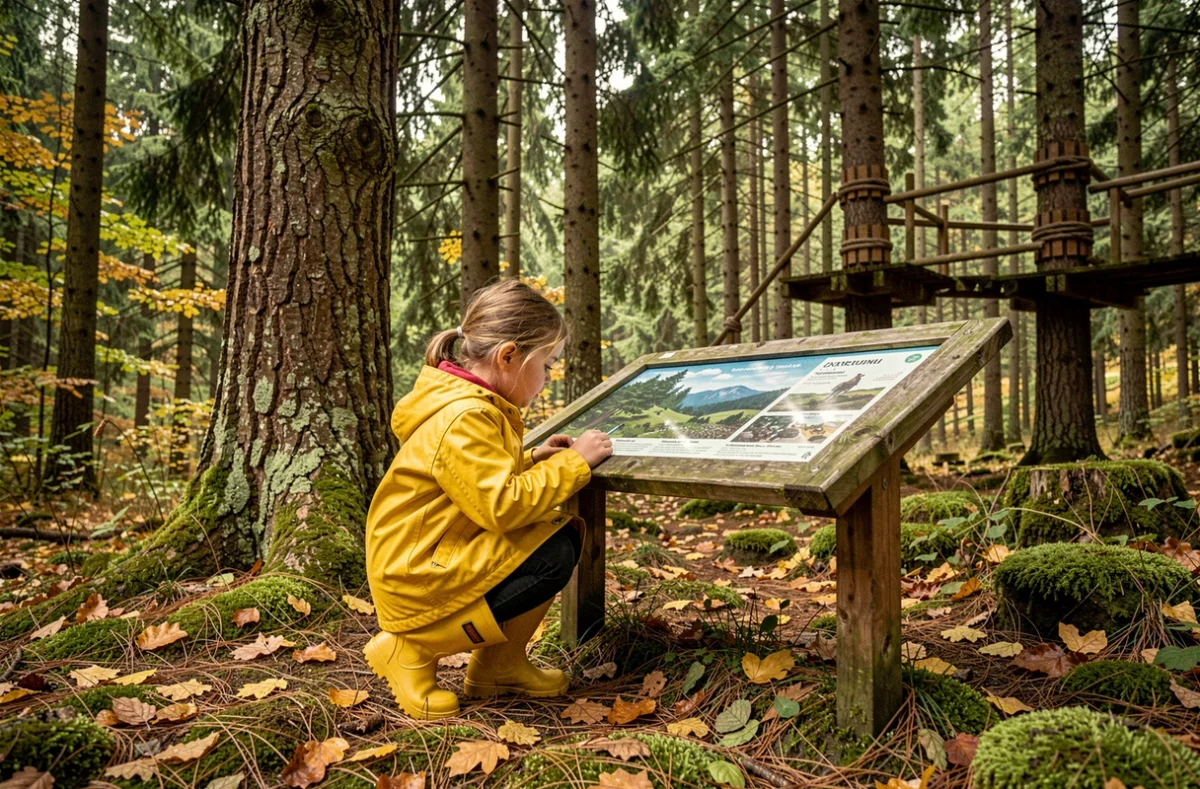 Une fillette en imperméable jaune explorant un sentier nature en forêt lors des Forestivités en Isère