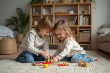 Deux enfants jouent ensemble dans un salon chaleureux