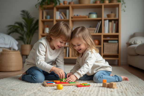 Deux enfants jouent ensemble dans un salon chaleureux
