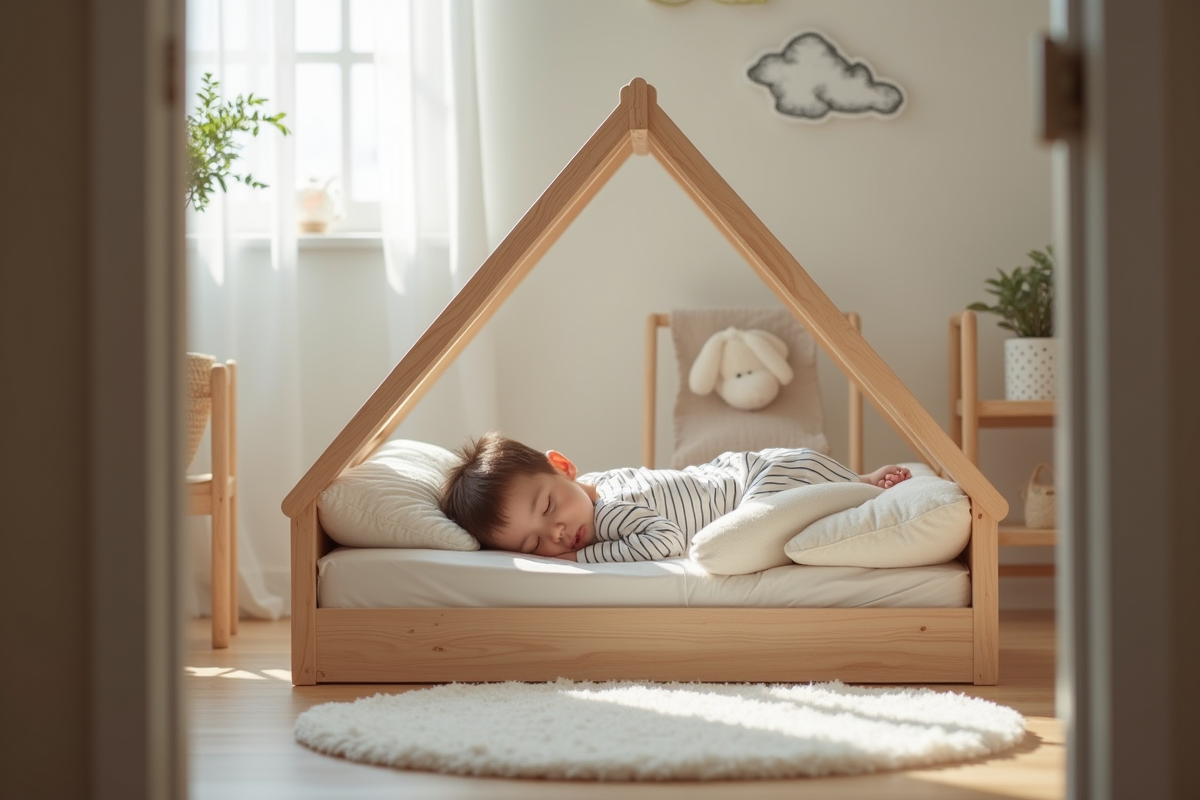 Jeune garçon dormant paisiblement dans un lit maison en bois