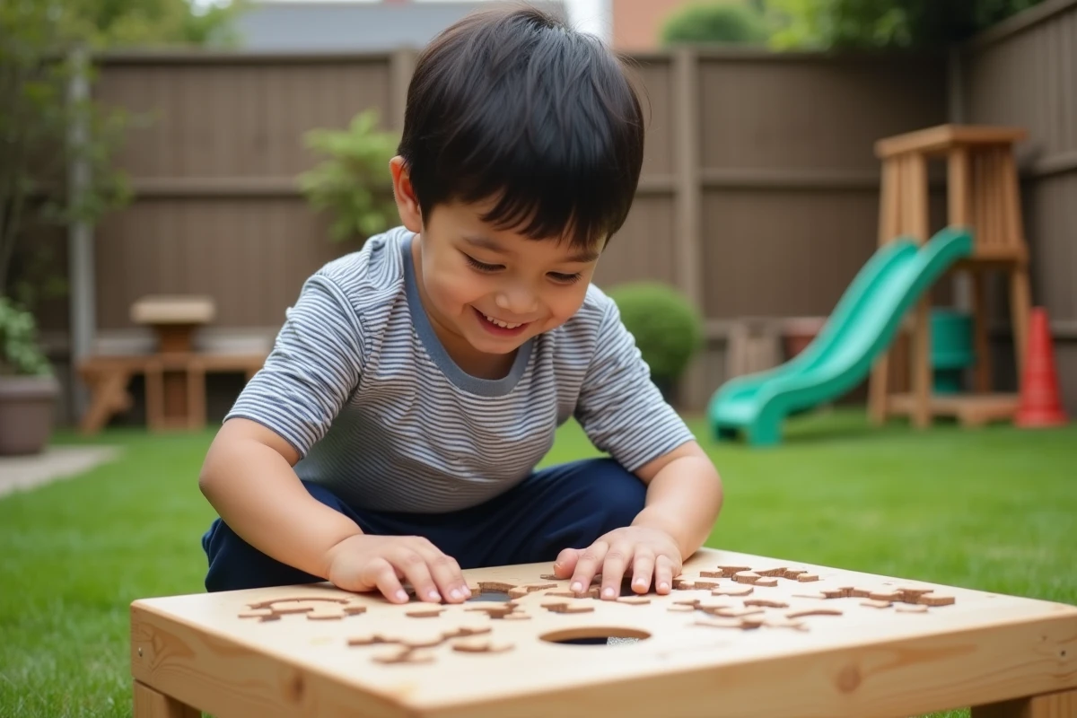 Garçon de 4 ans assemble un puzzle dans le jardin