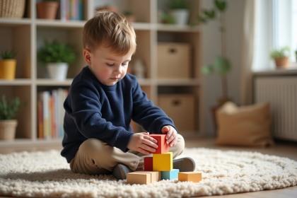 Garçon de six ans jouant avec des blocs en bois colorés