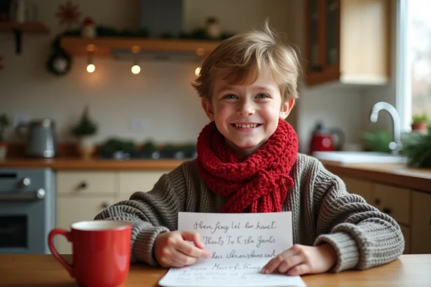 Garçon souriant avec lettre à Santa dans la cuisine