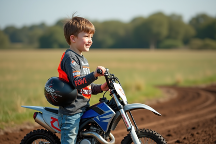 Garçon de 9 ans avec casque et moto tout-terrain