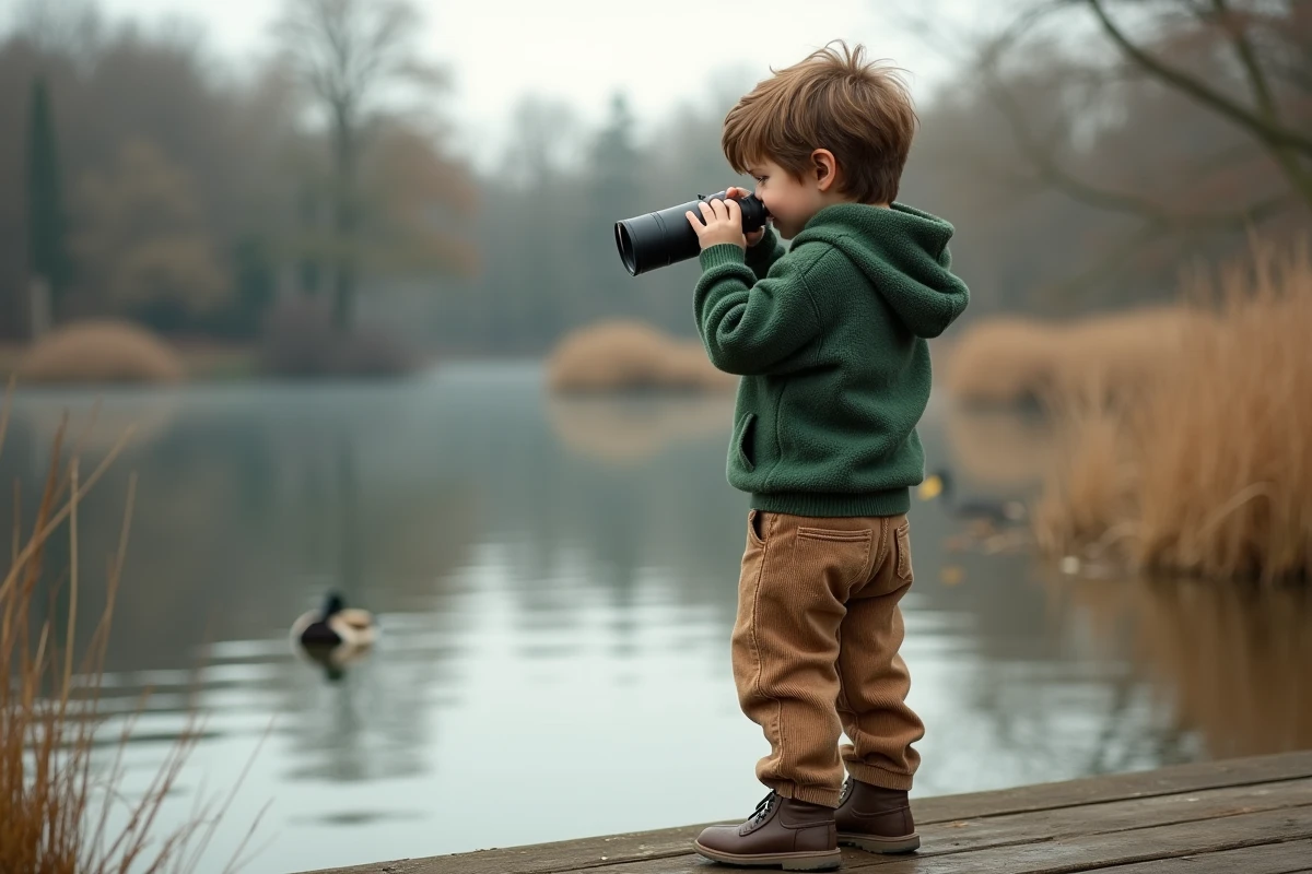 Garçon de 6 ans au bord de l’étang avec jumelles