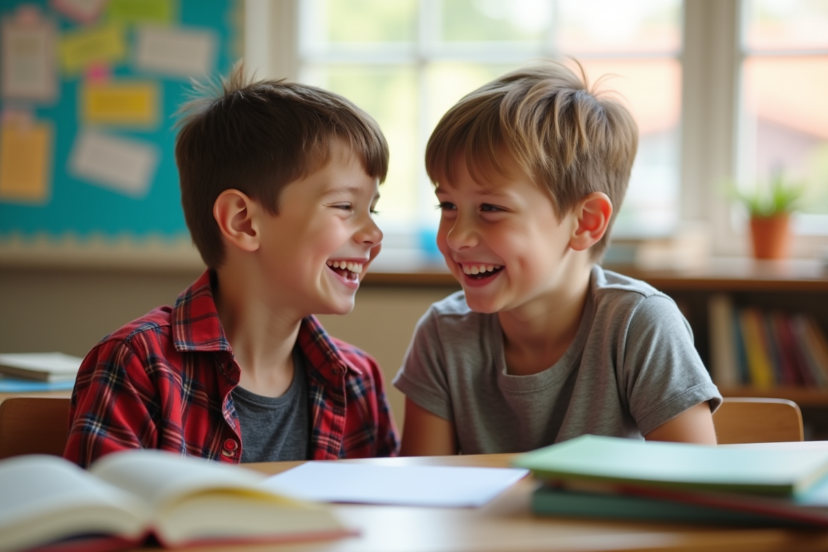 Deux jeunes garçons malicieux planifiant une blague à l'école