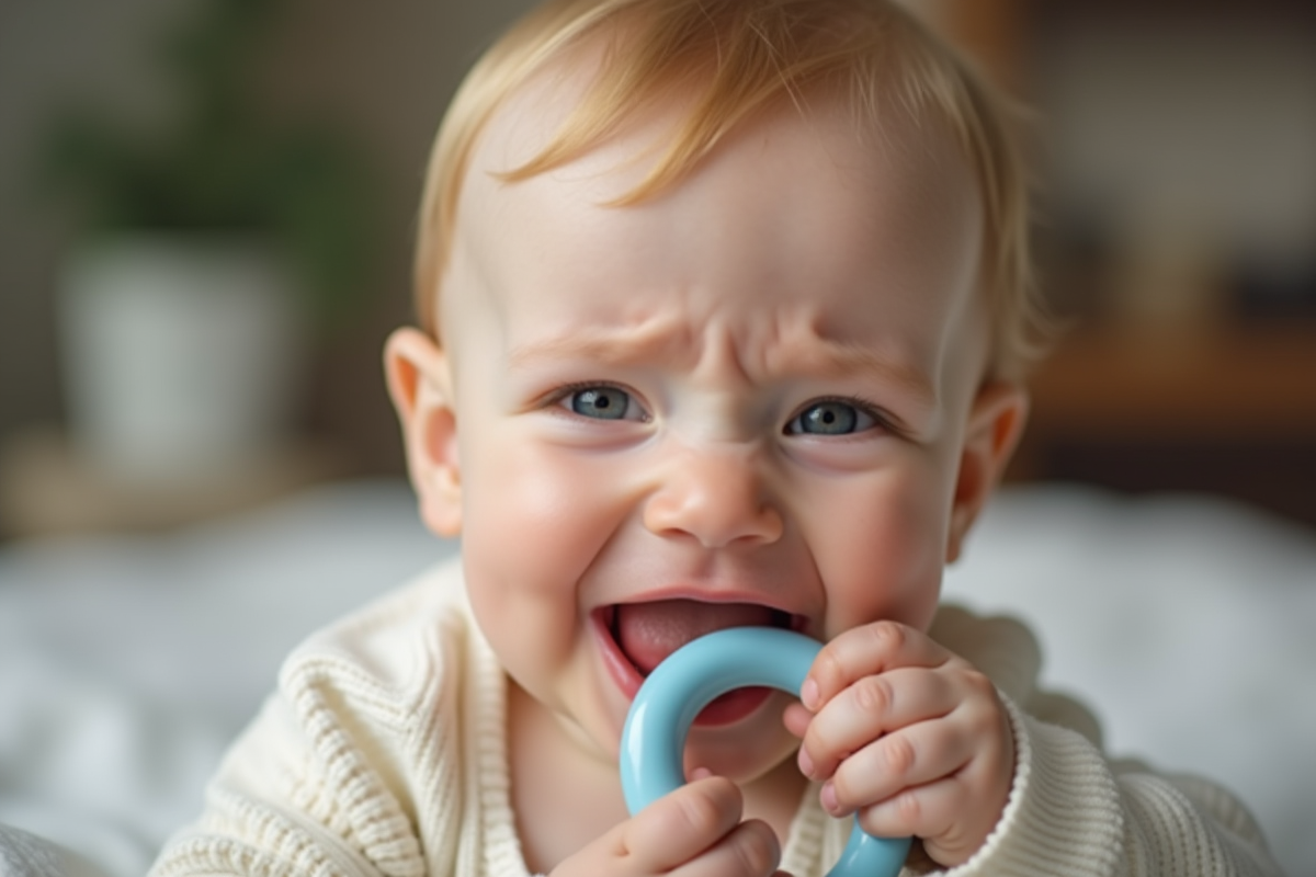 Bébé mordant un anneau de dentition avec inconfort