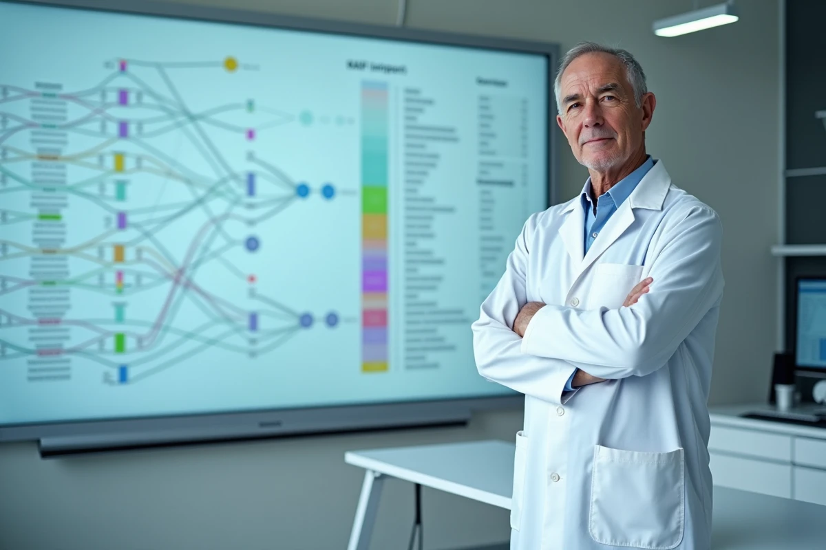 Généticien devant un écran affichant un diagramme de coefficient de consanguinité et un arbre généalogique complexe en laboratoire