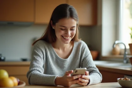 Femme utilisant une application de gestion familiale sur smartphone dans une cuisine moderne
