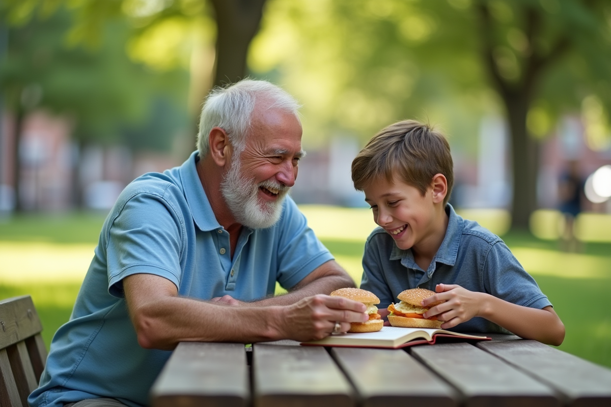 Grand-pere et petit-fils rient au parc en partageant un livre