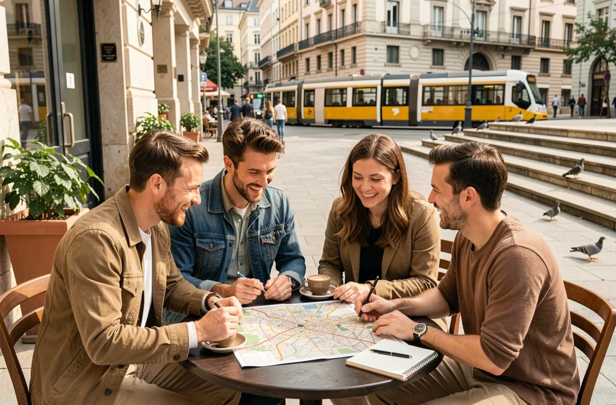 Groupe d'amis autour d'une table de café en plein air planifiant ensemble un parcours surprise pour redécouvrir leur ville