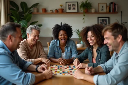 Groupe d'amis riant autour d'une table de jeu